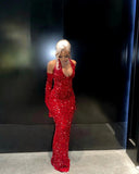 Cifeeo-Cyber Monday Christmas party outfits Sexy Mermaid Halter Red Sequin Long Prom Dress With Gloves C949