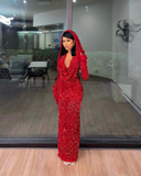 Cifeeo-Cyber Monday Christmas party outfits Sexy Mermaid Halter Red Sequin Long Prom Dress With Gloves C949