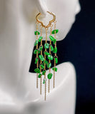 CIFEEO- Casual Green Sterling Silver 14K Gold Jade Tassel Drop Earrings KX1003