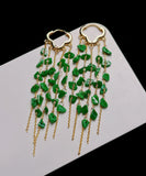 CIFEEO- Casual Green Sterling Silver 14K Gold Jade Tassel Drop Earrings KX1003