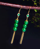 CIFEEO- Sterling Silver Overgild 14K Gold Jade Tassel Drop Earrings