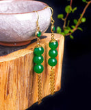 CIFEEO- Sterling Silver Overgild 14K Gold Jade Tassel Drop Earrings