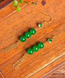 CIFEEO- Sterling Silver Overgild 14K Gold Jade Tassel Drop Earrings