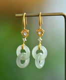 CIFEEO- Chic Light Green Sterling Silver Overgild Double Ring Jade Zircon Drop Earrings GH1020