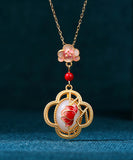 CIFEEO- Chic Red Ancient Gold Inlaid Jade Lotus Flower Agate Pendant Necklace KX1074