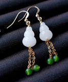 CIFEEO- 14K Gold Jade Gourd Gem Stone Tassel Drop Earrings