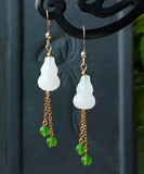 CIFEEO- 14K Gold Jade Gourd Gem Stone Tassel Drop Earrings