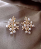 CIFEEO- Chic White Sterling Silver Overgild Zircon Coral Pearl Stud Earrings GH1065