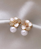 CIFEEO- Chic White Sterling Silver Overgild Zircon Pearl Floral Stud Earrings KX1040