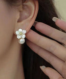 CIFEEO- Chic White Sterling Silver Overgild Zircon Pearl Floral Stud Earrings KX1040