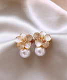 CIFEEO- Chic White Sterling Silver Overgild Zircon Pearl Floral Stud Earrings KX1040