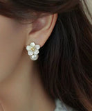 CIFEEO- Chic White Sterling Silver Overgild Zircon Pearl Floral Stud Earrings KX1040