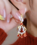 CIFEEO- Chinese Style Red Sterling Silver Overgild Zircon Auspicious Clouds Ping Buckle Drop Earrings KX1042