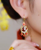 CIFEEO- Chinese Style Red Sterling Silver Overgild Zircon Auspicious Clouds Ping Buckle Drop Earrings KX1042