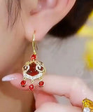 CIFEEO- Chinese Style Red Sterling Silver Overgild Zircon Auspicious Clouds Ping Buckle Drop Earrings KX1042