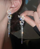 CIFEEO- Classy White Sterling Silver Alloy Five Pointed Star Zircon Tassel Drop Earrings ZZ059