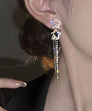 CIFEEO- Classy White Sterling Silver Alloy Five Pointed Star Zircon Tassel Drop Earrings ZZ059