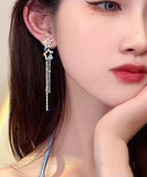 CIFEEO- Classy White Sterling Silver Alloy Five Pointed Star Zircon Tassel Drop Earrings ZZ059