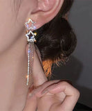 CIFEEO- Classy White Sterling Silver Alloy Five Pointed Star Zircon Tassel Drop Earrings ZZ059