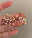 CIFEEO- Cute Gold Copper Overgild Pearl Floral Hollow Out Stud Earrings ZZ058