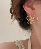 CIFEEO- Cute Gold Copper Overgild Pearl Floral Hollow Out Stud Earrings ZZ058