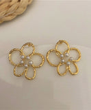 CIFEEO- Cute Gold Copper Overgild Pearl Floral Hollow Out Stud Earrings ZZ058