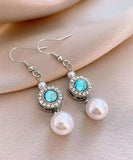 CIFEEO- Elegant Blue Copper Overgild Inlaid Zircon Crystal Pearl Tassel Drop Earrings ZZ084