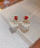 CIFEEO- Elegant Red Copper Zircon Pearl Rose Stud Earrings KX1019