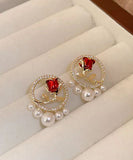 CIFEEO- Elegant Red Copper Zircon Pearl Rose Stud Earrings KX1019