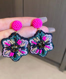 CIFEEO- Elegant Rose Hand Woven Alloy Beads Embroidery Floral Drop Earrings GH1023