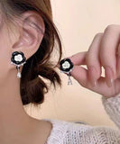 CIFEEO- Fashion Black Alloy Pearl Crystal Floral Tassel Drop Earrings DF1018