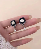 CIFEEO- Fashion Black Alloy Pearl Crystal Floral Tassel Drop Earrings DF1018