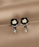 CIFEEO- Fashion Black Alloy Pearl Crystal Floral Tassel Drop Earrings DF1018