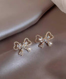 CIFEEO- Fashion Gold Sterling Silver Alloy Zircon Bow Stud Earrings KX1001