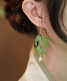 CIFEEO- Fashion Green Sterling Silver Overgild Pearl Bamboo Leaf Drop Earrings ZZ085