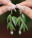 CIFEEO- Fashion Green Sterling Silver Overgild Pearl Bamboo Leaf Drop Earrings ZZ085