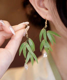 CIFEEO- Fashion Green Sterling Silver Overgild Pearl Bamboo Leaf Drop Earrings ZZ085