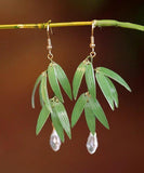 CIFEEO- Fashion Green Sterling Silver Overgild Pearl Bamboo Leaf Drop Earrings ZZ085