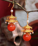 CIFEEO- Fashion Red Sterling Silver Overgild Agate Pearl Pavilion Drop Earrings GH1080