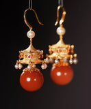 CIFEEO- Fashion Red Sterling Silver Overgild Agate Pearl Pavilion Drop Earrings GH1080