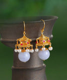 CIFEEO- Fashion White Ancient Gold Pearl Agate Palace Lantern Drop Earrings GH1083