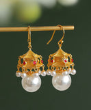 CIFEEO- Fashion White Ancient Gold Pearl Agate Palace Lantern Drop Earrings GH1083