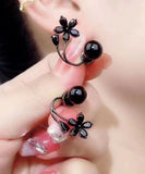 CIFEEO- Fine Black Alloy Inlaid Gem Stone Floral Stud Earrings GH1086