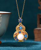 CIFEEO- Fine Blue Ancient Gold Jade Enamel Lotus Flower Gourd Pendant Necklace KX1073