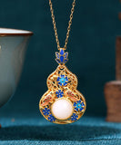 CIFEEO- Fine Blue Ancient Gold Jade Enamel Lotus Flower Gourd Pendant Necklace KX1073