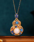 CIFEEO- Fine Blue Ancient Gold Jade Enamel Lotus Flower Gourd Pendant Necklace KX1073