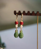 CIFEEO- Fine Colorblock Sterling Silver Overgild Jade Orchid Drop Earrings GH1046