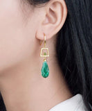 CIFEEO- Sterling Silver Overgild Inlaid Crystal Jade Drop Earrings