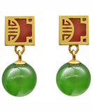 CIFEEO- Sterling Silver Overgild Jade Drop Earrings