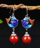 CIFEEO- Sterling Silver Agate Cloisonne Goldfish Drop Earrings